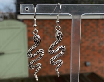 Silver Snake Dangle Earrings, Snake Hook Earrings, Serpent Earrings