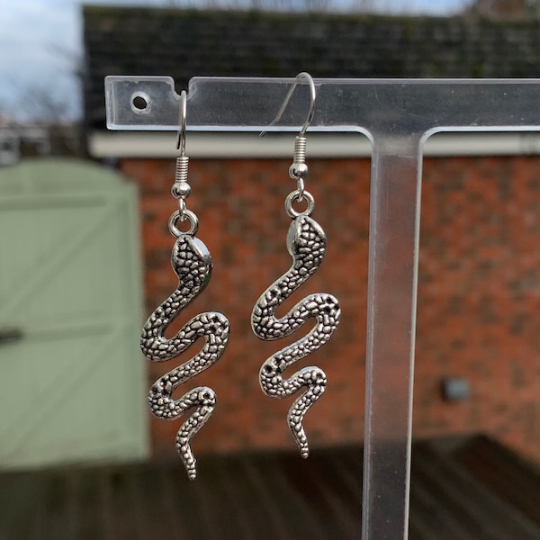 Silver Snake Dangle Earrings, Snake Hook Earrings, Serpent Earrings