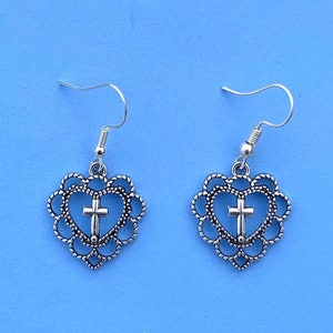 Heart and Cross Silver Earrings Gothic