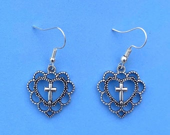 Heart and Cross Silver Earrings Gothic