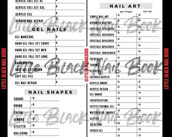 May include: A price list for nail services, featuring categories like acrylic nails, gel nails, polish, and nail art. The list includes options for acrylic overlays, full sets, and various nail art designs, with prices listed.