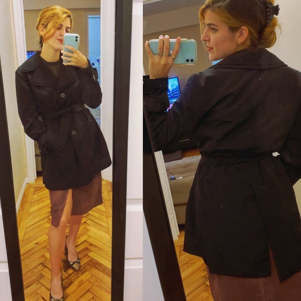 Small London Fog Black Trench coat / small coat / Black Trench Coat / Small Black Raincoat / Small Black Wrap Coat