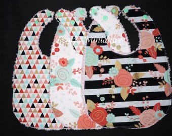 Handmade Personalized Pastel Roses Baby Bibs, Black and White Striped Girls Boho Baby Bibs, Baby Shower Gift, Cotton Chenille Baby Bib