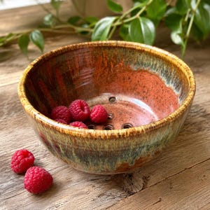 May include: A round ceramic berry bowl with a glazed finish in shades of burnt orange, brown, and moss green. The bowl features drainage holes at the bottom and contains several fresh red raspberries, with two additional raspberries resting nearby.