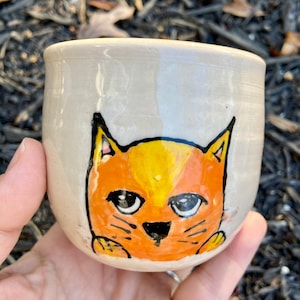 Handmade Ceramic Tumbler: Hand-Painted Orange Cat, Light Pink Glaze