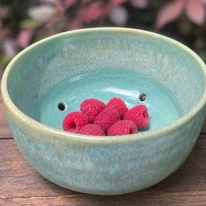 Hand Thrown Pottery Berry Bowl, Seafoam Green Stoneware Strainer, Kitchen Serving Bowl