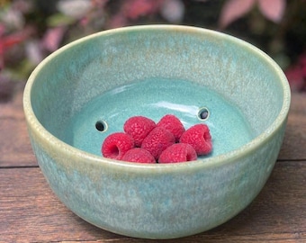 Hand Thrown Pottery Berry Bowl, Seafoam Green Stoneware Strainer, Kitchen Serving Bowl