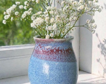 Small Handmade Ceramic Vase: Sky Blue and Red Raspberry, Minimalist Pottery