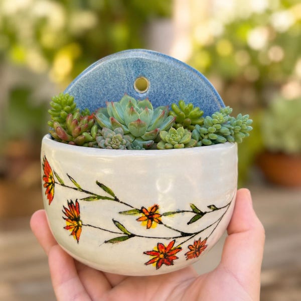 Handmade Ceramic Wall Planter with Floral Details | Hanging Wall Vase for Succulents, Cuttings, Air Plants