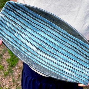 Handmade Ceramic Platter, Oval Shape, Carved and Hand Painted, Sky Blue and Slate