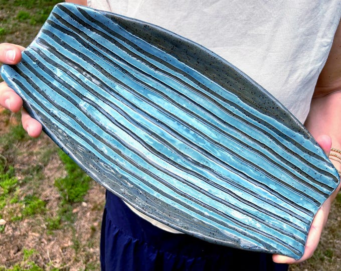 Handmade Ceramic Platter, Oval Shape, Carved and Hand Painted, Sky Blue and Slate