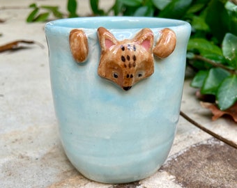 Handmade Ceramic Mug, for Kids or Grown ups! Expresso Cup, Hand-painted, Little Fox, Glacier Celadon Glaze, Dishwasher and Microwave Safe