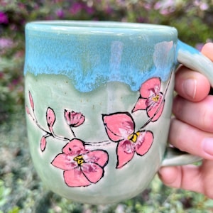 Handmade Orchid Mug – Pink Floral Pottery Cup – Turquoise Green Ceramic – Wheel Thrown Gift