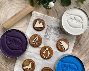 ENDANGERED POLAR ANIMALS-Playdough Wooden Stamp Kit-Nature Craft Kit- Gift for Toddlers-Playdough Kit-Eco Toy-Toddler Gift-Plant-Made
