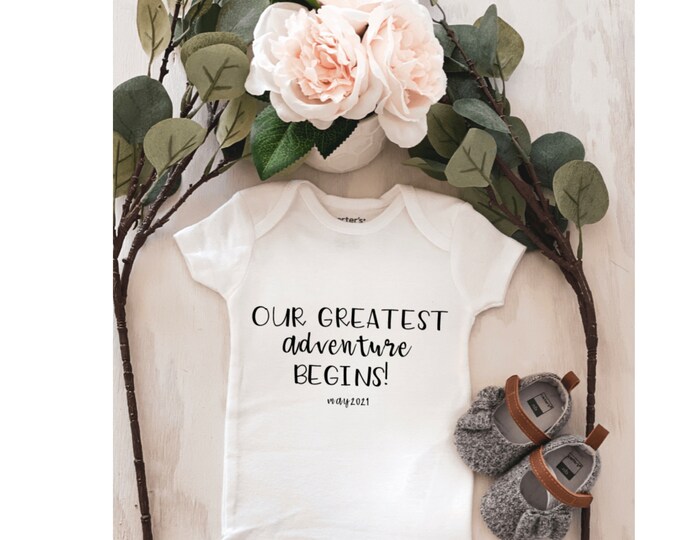 Our Greatest Adventure Begins ; Baby birth announcement onesie® ; custom baby onesie ; personalized onesie ; baby shower gift