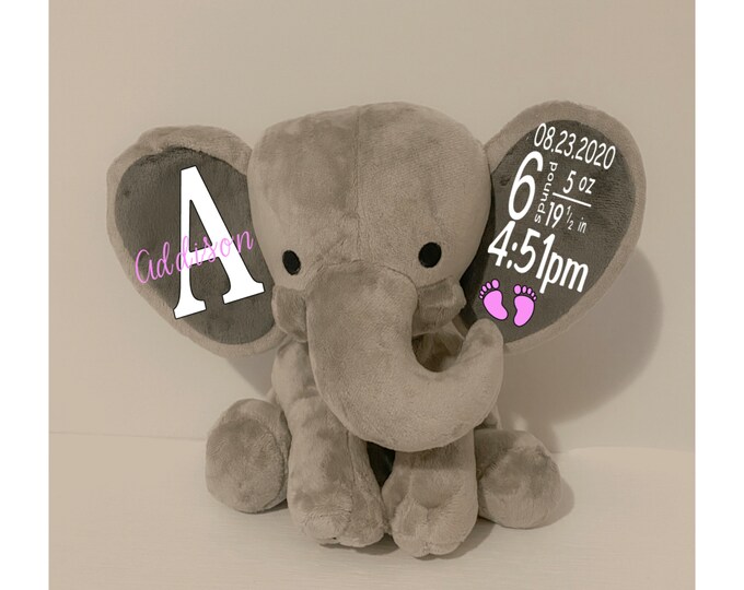 Birth Stat Elephant ; Personalized Elephant Stuffed Animal; New baby gift ; Personalized elephant