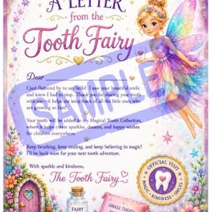 May include: A decorative letter from the Tooth Fairy featuring a fairy with rainbow wings, a purple dress, and blonde hair. The text reads A Letter from the Tooth Fairy, includes a blank line for a name, and a gold seal with a tooth icon and text.