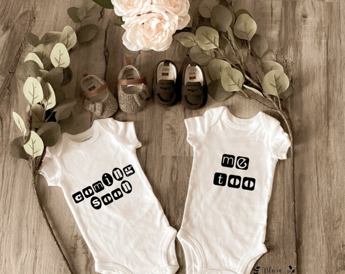 TWIN ONESIES ® ; Coming soon ; Custom Onesie® ; Personalized Onesie ; Baby shower gift ; Baby bodysuit ; twin baby shower; twin announcement