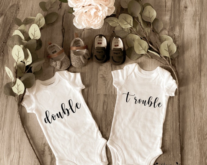 Double Trouble Onesies ® ; twin onesies ; Custom Onesie® ; Personalized Onesie ; Baby shower gift ; Baby bodysuit ; twin baby shower gift