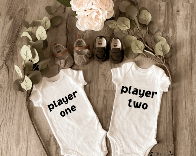 Player one and player two onesies ® ; Custom Onesie® ; Personalized Onesie ; Baby shower gift ; Baby bodysuit ; Twin Onesies