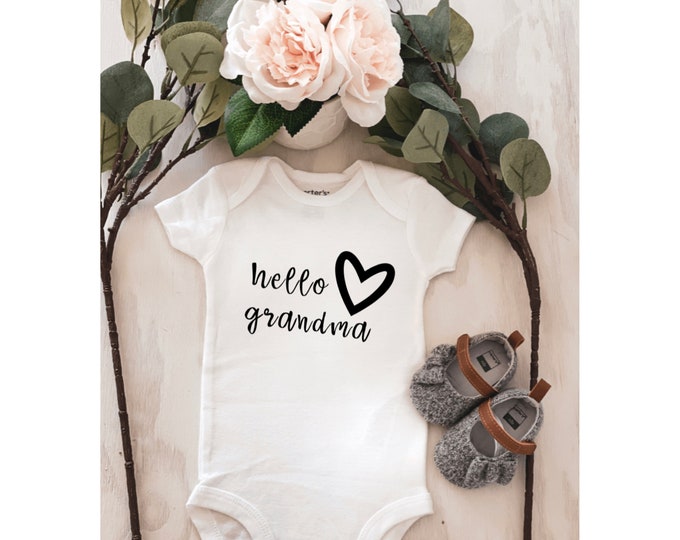 hello grandma onesie ® ; Custom Onesie® ; Personalized Onesie ; Baby shower gift ; Baby bodysuit ; birth announcement ; Unisex onesie
