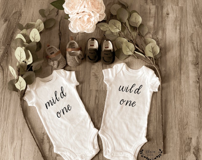 TWIN ONESIES ® ; Mild One and Wild One ; Custom Onesie® ; Personalized Onesie ; Baby shower gift ; Baby bodysuit ; twin baby shower ; Twins