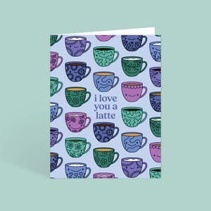 Je t'aime une carte de voeux pour un café au lait avec enveloppe | Blanc à l'intérieur | Illustration de café souriant mignon | Carte d'anniversaire, anniversaire, fête des pères