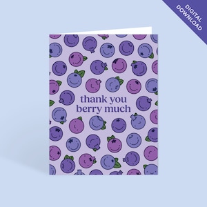 Bedankt Berry Much afdrukbare bedankkaart | Leuke grappige kaart Blueberry bedankkaart | Afdrukbare wenskaart direct digitaal downloaden