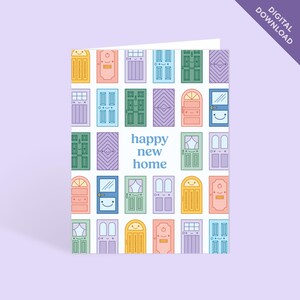 Cartão imprimível do Housewarming da casa nova feliz de <br> Entrega Rápida? Cartão imprimível engraçado bonito das portas da rua de <br> Entrega Rápida? Cartão comemorativo para impressão Download digital instantâneo