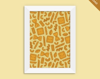 Pasta Printable Wall Art Print | Noodles Ravioli Pasta Illustration | Cute Printable Art Print | Colourful Wall Art Print Digital Download