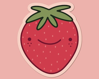 Cute Strawberry Sticker | Durable Matte Waterproof Sticker | Fruit Sticker Laptop Decor | Happy Smiling Illustration | Bundle & Save