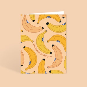 Carte de voeux avec enveloppe I'm Bananas For You | Blanc à l'intérieur | Jolie banane souriante Illustration | Anniversaire romantique, carte d'anniversaire