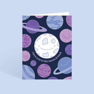 Carte de voeux avec enveloppe Je t'aime jusqu'à la lune | Blanc à l'intérieur | Espace souriant mignon | Carte d'anniversaire, anniversaire, fête des pères
