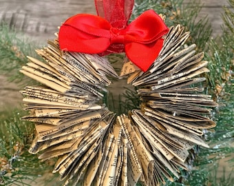Set of 3 Vintage book page wreaths, book lover ornaments, book club ornament exchange, teacher gift, gift embellishments, book page ornament