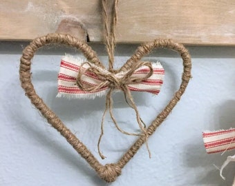 Jute heart, twine heart, mini wreath, hook hanger, Valentine's day, Gift tag, rustic farmhouse wreath, door knob hanger, gift embellishment