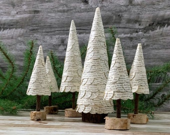 Vintage Book Page Cone Tree, shelf décor, tray décor, mantel decoration, white tree, Christmas, Winter, Book lover gift, Teacher gift