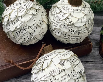 Vintage Hymn Book Christmas Ornament, gift, Book lover ornament, sheet music page decoration, rustic, ornament exchange, handmade ornament,
