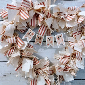 Heart rag wreath, Valentine&#39;s Day wreath, gift for her, rustic, farmhouse, ticking wreath, shabby, primitive, Winter, house warming, fabric