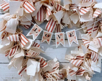 Heart rag wreath, Valentine's Day wreath, gift for her, rustic, farmhouse, ticking wreath, shabby, primitive, Winter, house warming, fabric