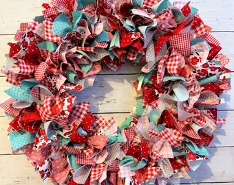 Red and aqua rag wreath, Spring summer Valentines wreath, Fabric wreath, Wall hanging, door hanging, fabric wreath, rustic