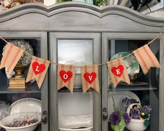 Burlap Valentine's Day Garland, Rustic Heart Bunting