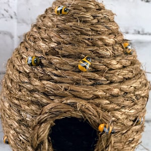 Beehive, jute beehive with wooden bee adornments, hanging beehive, honey bee, spring, farmhouse, rustic, baby shower, gender reveal, nursery