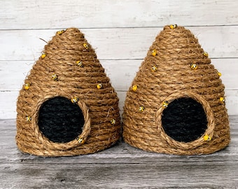 Large Jute Beehive with Wooden Bees, Rustic Farmhouse Decor