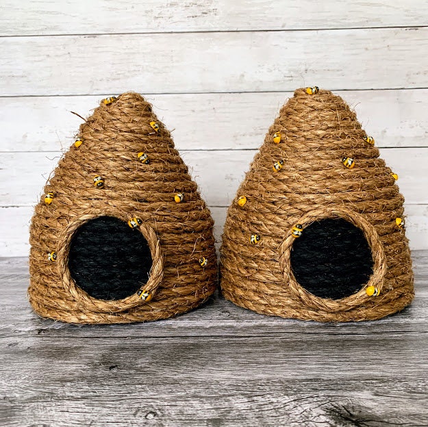 Large Beehive jute beehive with wooden bee adornments honey bee spring farmhouse rustic baby shower gender reveal dcor