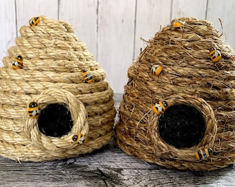 Beehive, jute beehive with wooden bee adornments, tiered tray décor, honey bee, spring, farmhouse, rustic, baby shower, gender reveal decor