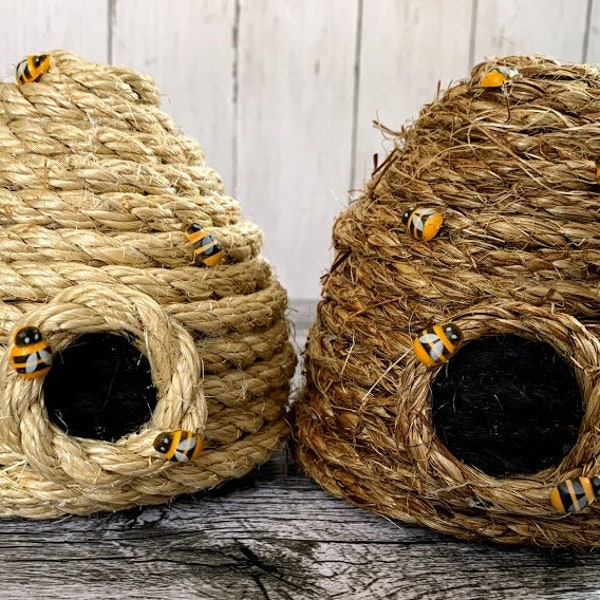 Beehive, jute beehive with wooden bee adornments, tiered tray décor, honey bee, spring, farmhouse, rustic, baby shower, gender reveal decor