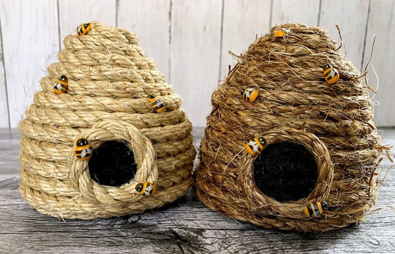 Beehive, jute beehive with wooden bee adornments, tiered tray décor, honey bee, spring, farmhouse, rustic, baby shower, gender reveal decor 