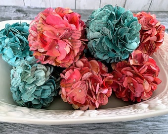Hand Cut Book Page Hydrangea Bowl Filler, Tiered Tray Decor