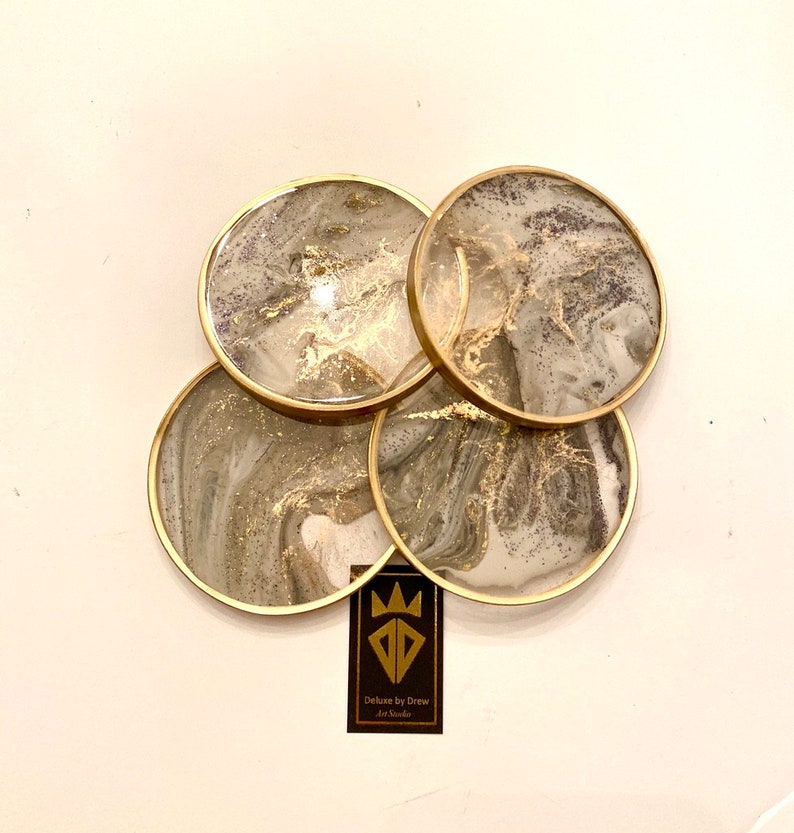 Handmade Round Unique Epoxy Resin Coaster Sets Functional Art Gold gilded Fluid Art