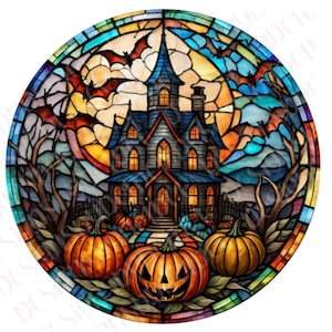 Faux Stained Glass Pumpkins Scary Haunted House Bats Happy Halloween Spooky Wreath Sign Metal Wreath Sign